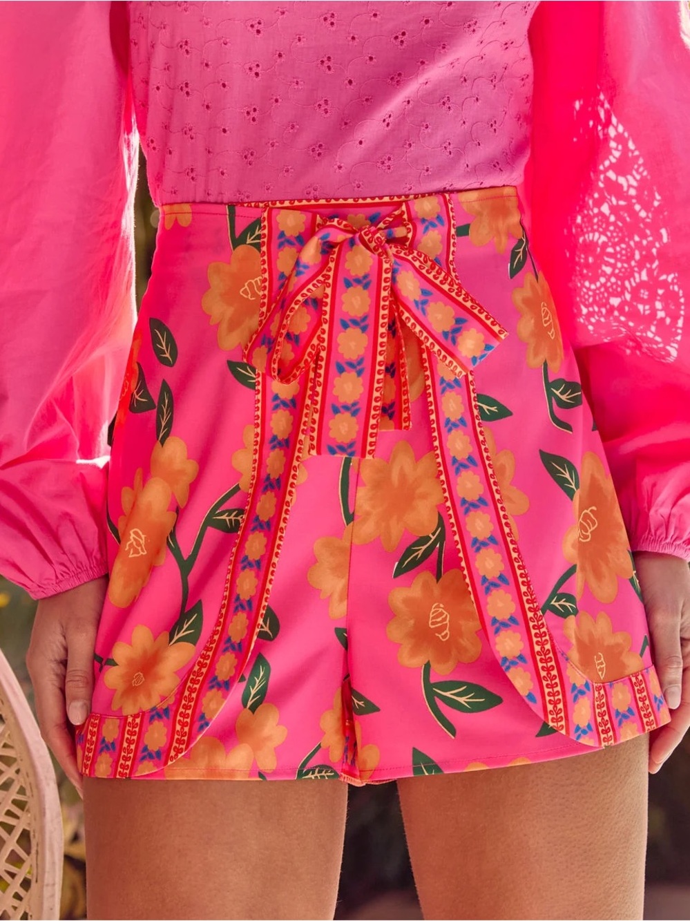 Vici Pink Floral High-Waist Tie-Front Shorts - Picture 4 of 5